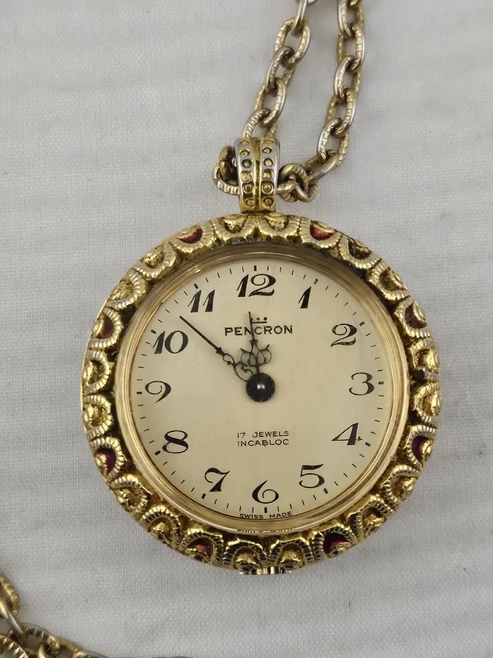 Beautiful Swiss Pencron Incabloc Pocket Watch Floral Case 17 Jewels Made w/Chain